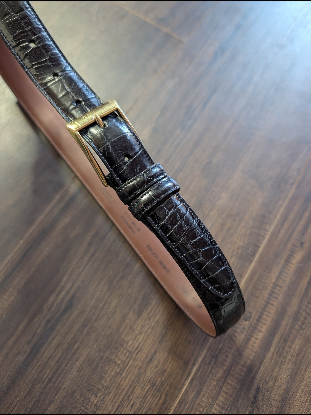 CROOKHORN MiUSA Black Bella Croc Leather Vintage Gold Buckle Belt 34